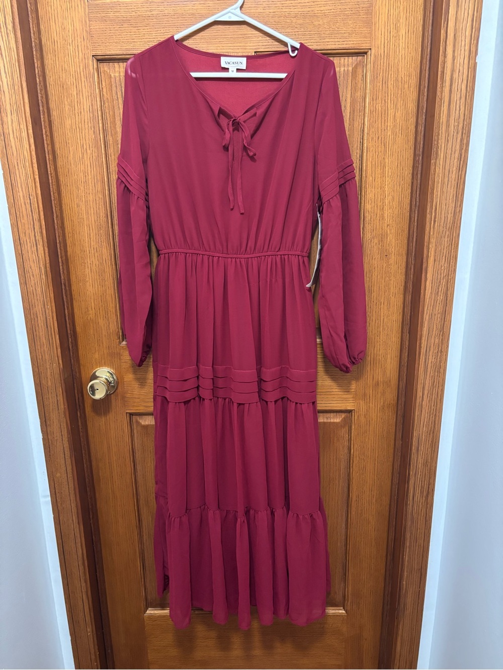 Vacasun Burgundy Tie-Neck Long Sleeve Maxi Dress. Sz M. NWT